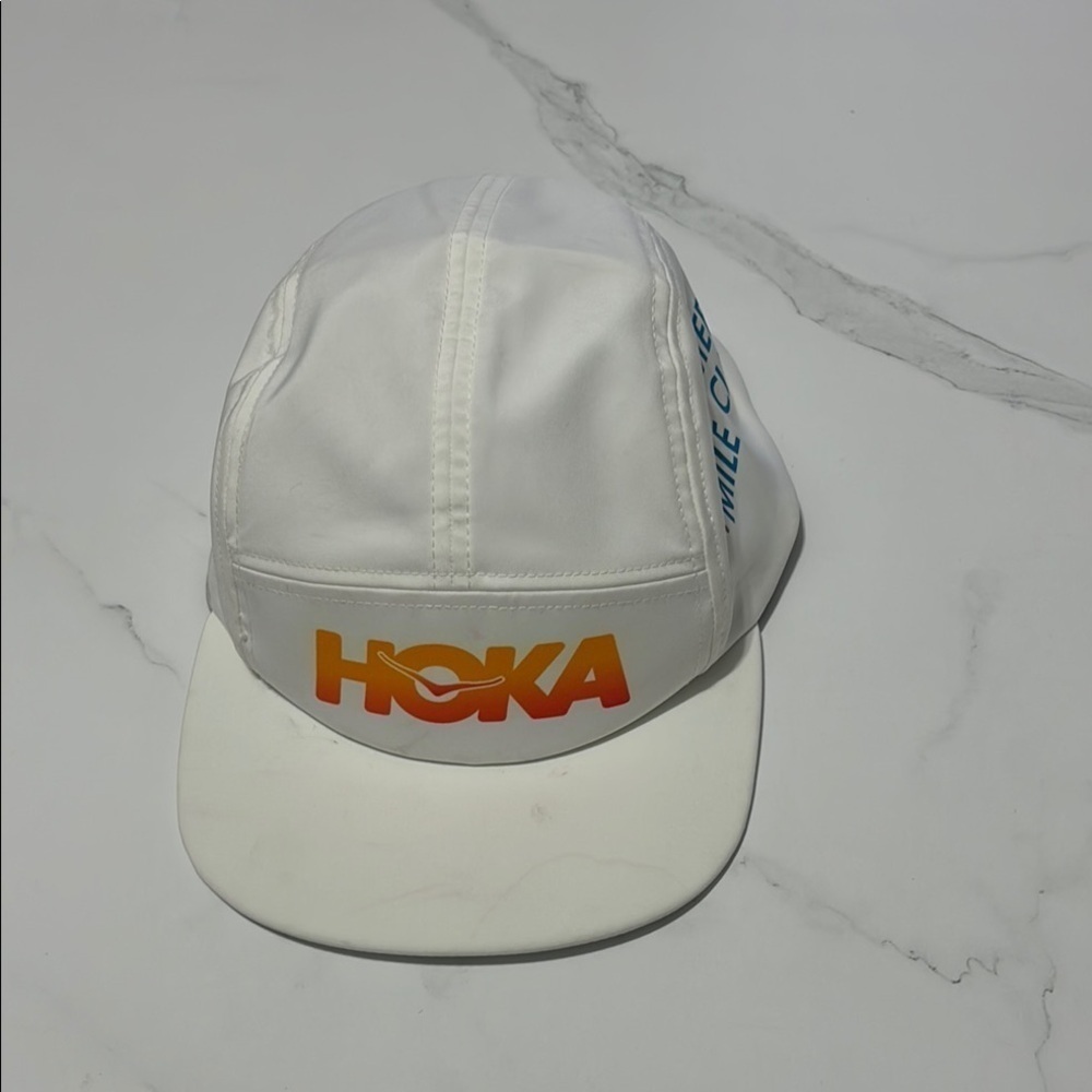 HOKA White Cap with Orange Logo
